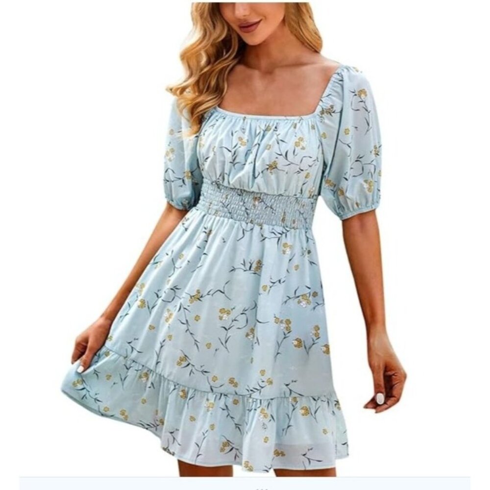 Womens Casual Floral Print Light Blue Ruffle Summer Dress Open Back Tie Size L